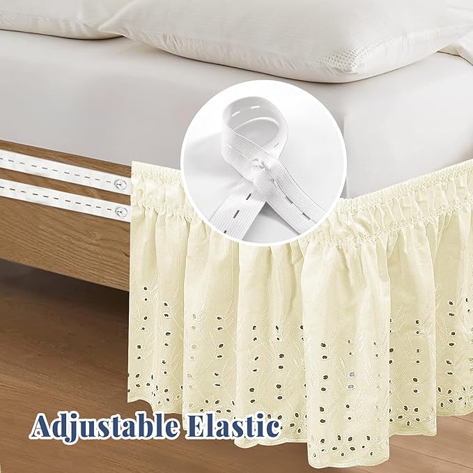 King Bed Skirt, Wrap-Around Elastic Ruffled Eyelet Bed Skirt King Size Dust Ruffle with Gathered Styling and Embroidered Details, 18" Drop Length (Light Yellow)