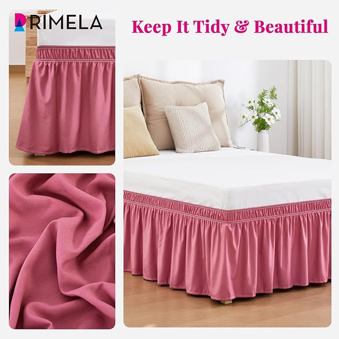 RIMELA Dusty Red Bed Skirt King Size 18 Inch Drop, Wrap Around Elastic Bedskirt, Dust Ruffle for Adjustable Bed Base Machine Washable Easy to Install Bed Skirts