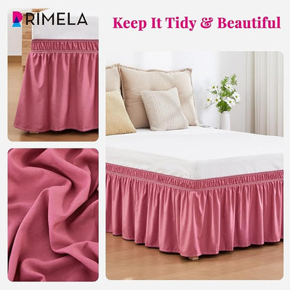 RIMELA Dusty Red Bed Skirt King Size 18 Inch Drop, Wrap Around Elastic Bedskirt, Dust Ruffle for Adjustable Bed Base Machine Washable Easy to Install Bed Skirts
