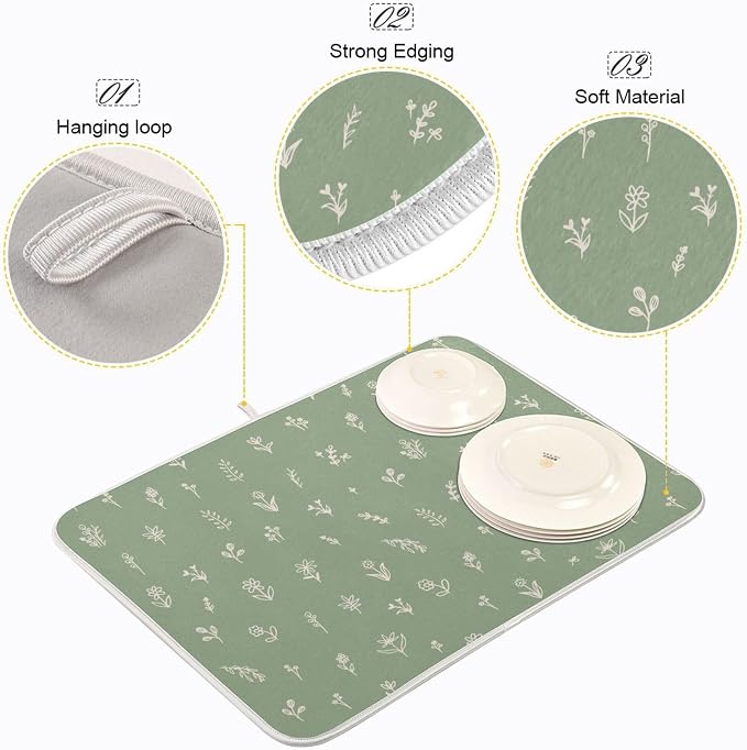 Sage Green Dish Drying Mat Quick Absorbent 16x18 Doodled Botany Flowers Leaves - Image 4