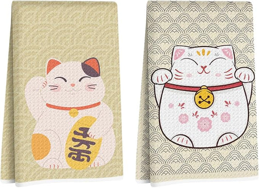 2 Pcs Japanese Lucky Cat Kitchen Towels 24x14 Inch, Maneki Neko Gifts Reusable by Hanamiya+Na