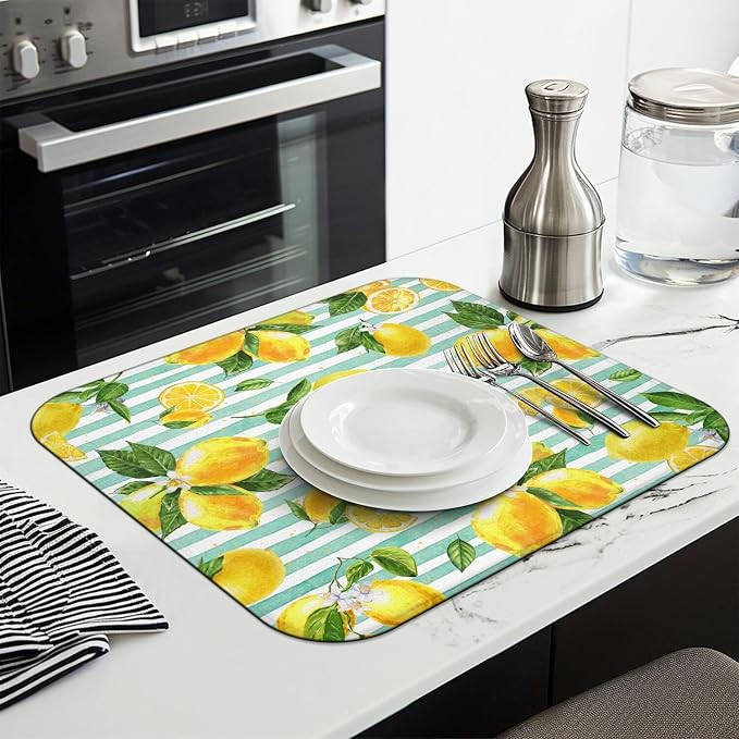 Lemon Dish Drying Mat for Kitchen Counter, Striped Background Yellow Lemon - Image 4