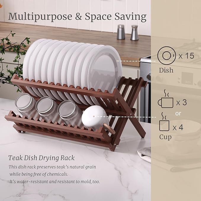 Teak Dish Drying Rack, Folding Collapsible Drainer Plate Organizer Holder - Image 3