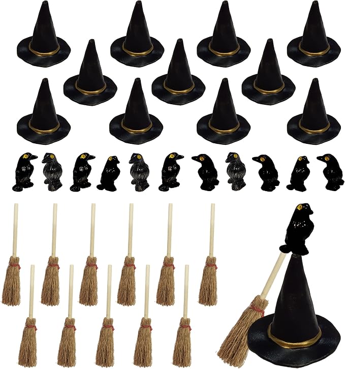 36 Pcs Mini Witch Hats Small Straw Brooms and Miniature Resin Crows Tiny Witch by Tahonuss