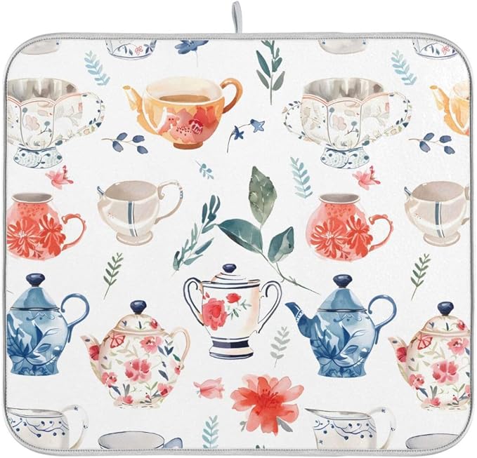 Watercolor Tea Cups Teapots Dish Drying Mat - Image 8