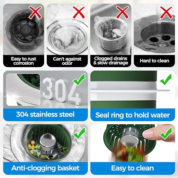Upgraded 3in1 Kitchen Sink Drain Strainer & Sink Stopper, Stainless Steel - Image 7