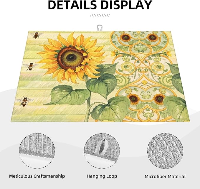 Sunflower Bee Dish Drying Mat Highly Absorbent Double-Sided Microfiber - Image 5