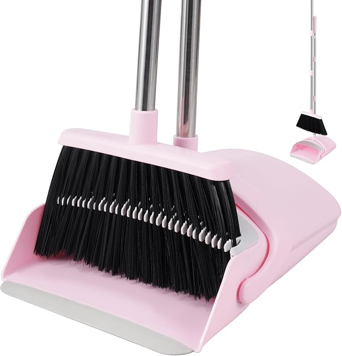 Pink Broom and Dustpan Set, 52” Long Adjustable Handle Broom by BSKLIN