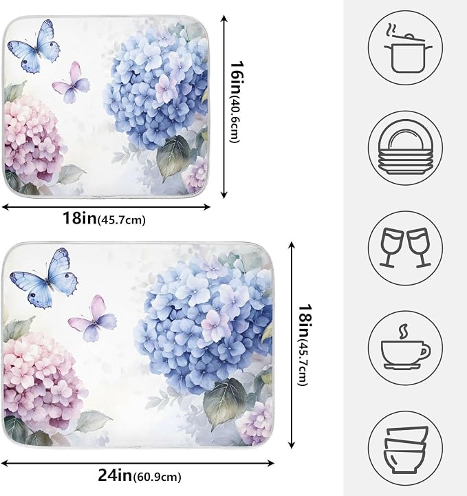 Blue Pink Hydrangea Spring Floral Dish Drying Mat - Image 2