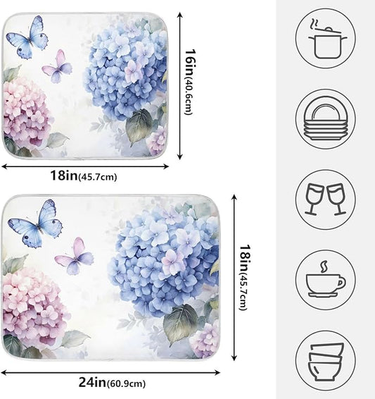 Blue Pink Hydrangea Spring Floral Dish Drying Mat - Image 2