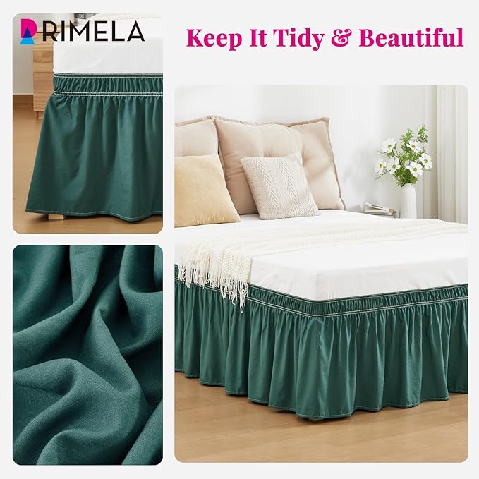 RIMELA Emerald Green Bed Skirt King Size 18 Inch Drop, Wrap Around Elastic Bedskirt, Dust Ruffle for Adjustable Bed Base Machine Washable Easy to Install Bed Skirts