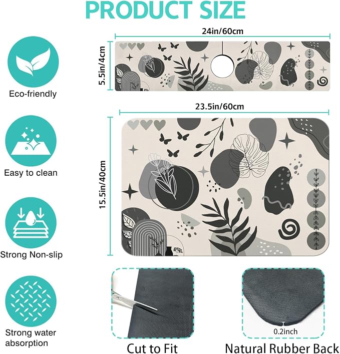 Dish Drying Mat for Kitchen Counter Matt, Super Absorbent Non-slip Rubber Backed - Image 2