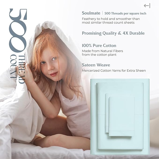 Mayfair Linen 100% Cotton Bed Sheets Queen Set - 500 Thread Count Cotton Sheets for Queen Size Bed, 4 PC Set (Aqua Foam), Ultra Soft, Cooling, Sateen Weave 16" Deep Pocket Bedsheet for Hot Sleepers