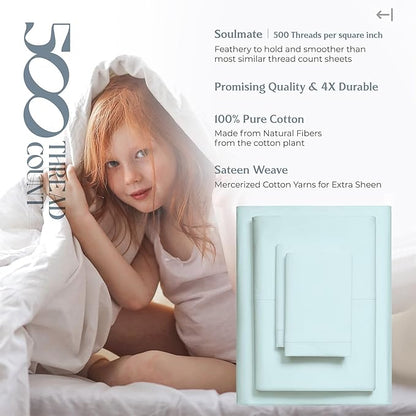 Mayfair Linen 100% Cotton Bed Sheets Queen Set - 500 Thread Count Cotton Sheets for Queen Size Bed, 4 PC Set (Aqua Foam), Ultra Soft, Cooling, Sateen Weave 16" Deep Pocket Bedsheet for Hot Sleepers