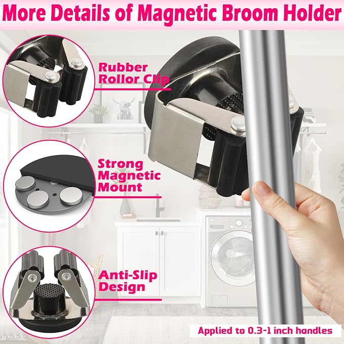 4 Pack Magnetic Mop Broom Holder, Heavy Duty Magnetic Mop Hanger - Image 2