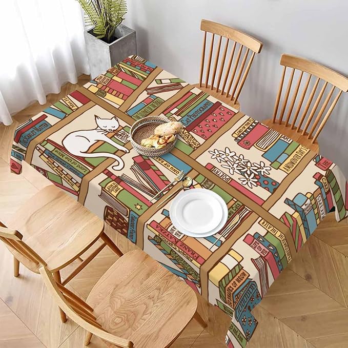 Books on Bookshelf Rectangular Tablecloth Cute Sleeping Cat Kitten in Library - Image 3