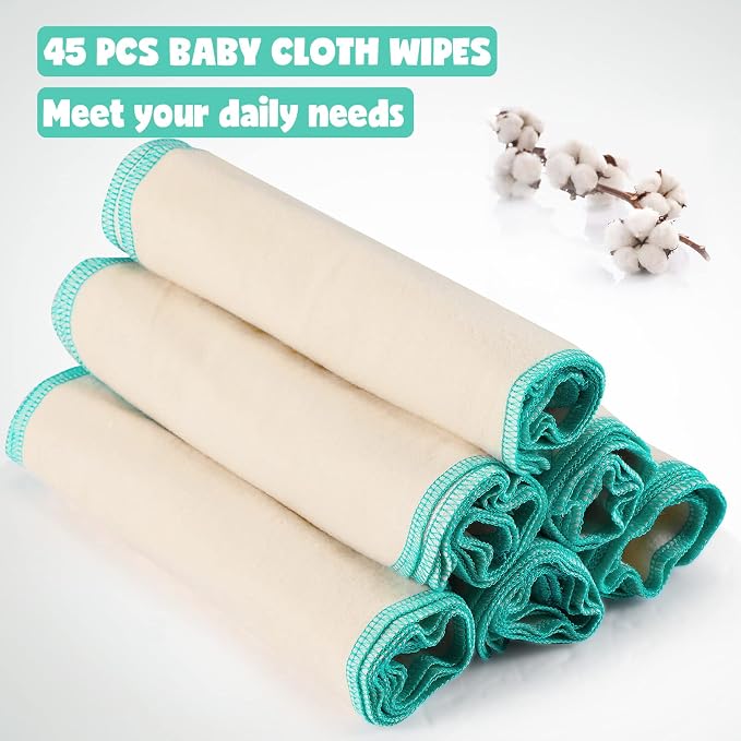 meekoo 45 Pcs Unbleached Flannel Cloth Baby Wipes Reusable Baby Diapers Wipes 8 - Image 3
