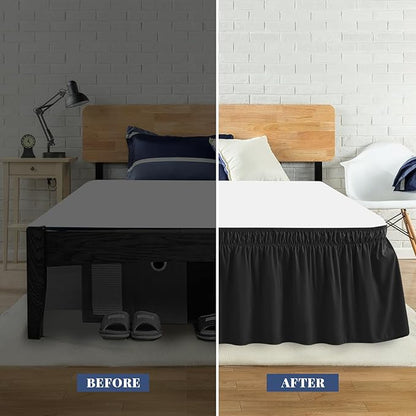 King Bed Skirt, Elastic Wrap Around Bed Skirt King Size, Bed Skirts for Adjustable Bed, Easy Fit with 18" Drop Length Tailored Drop Dust Ruffle (Black)
