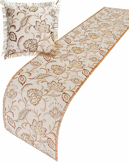 The HomeCentric King/Queen/Twin Beige Decorative Bed Runner Full 68"x18" Bed Runner with One Pillow Cover, Floral, Pearl, Jute Lace, Embroidery Bed Scarf on Cotton Fabric - Floral Luster