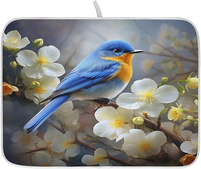 Spring Blue Yellow Flower Bluebird Butterflies Dish Drying Mat by ALAZA