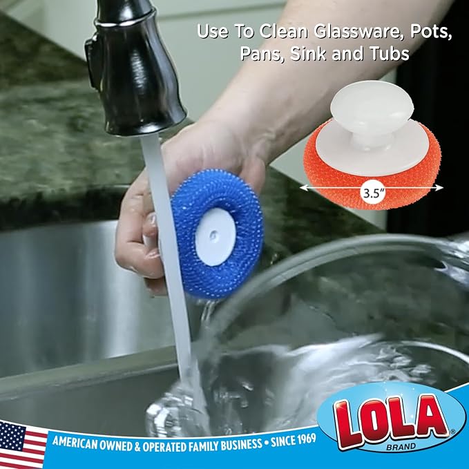 LOLA Plastic Mesh Non-Scratch Scouring Pad, 6 Pack, Hand Saving Comfort Knob - Image 4