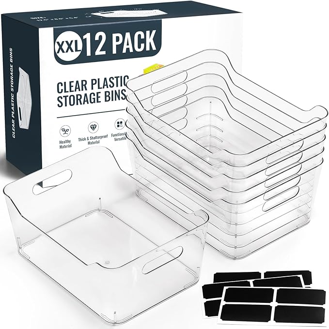 12 PACK Multi-Use Clear Plastic Storage Bins by MakeLifeBetterEasier