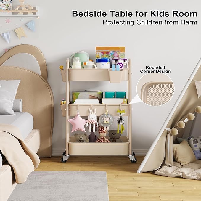 Beige 3 Tier Rolling Cart Metal on Wheels, Three Tiered Storage Organizer - Image 2