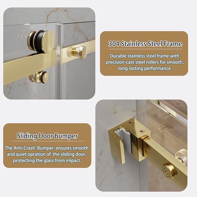 56-60" W x 74" H Frameless Sliding Shower Door, 5/16" Clear Tempered Glass - Image 2
