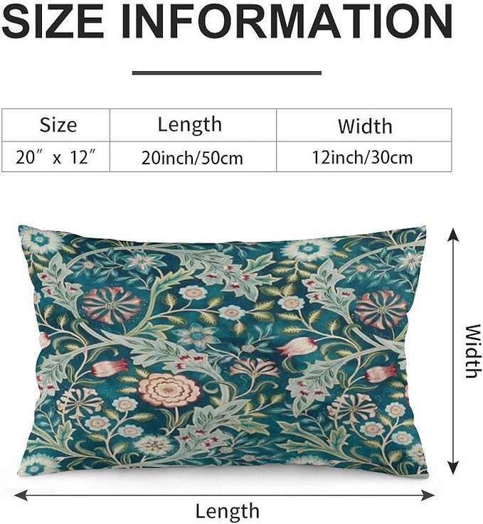Teal Green Blue Vintage Floral Botanical William Morris Throw Pillow Covers 12x20 Inch Aesthetic Pillow Velvet Decorative Pillowcase Home Decor Living Room Cushion Case for Bed Sofa Couch