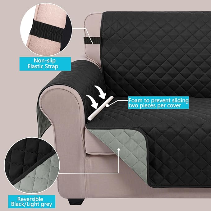 U-NICE HOME 4 Seater Sofa Cover 91 Inch Large Couch Covers for 4 Cushion Couch with Elastic Straps Water Resistant Furniture Protector Cover for Pets Cat (Sofa XX-Large, Black/Grey)