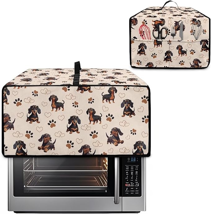 Dachshund Dog Heart Paw Print Toaster Oven Cover with Storage Bags Waterproof Dust Cover for Microwave Oven Polyester-Linen Fabric Small Appliance Dust Covers Fits Most Microwaves, L