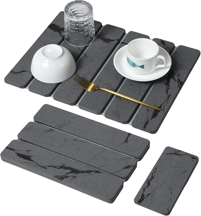 Large Stone Dish Drying Mat for Kitchen Counter, Foldable Water Absorbing by Bornerwhite