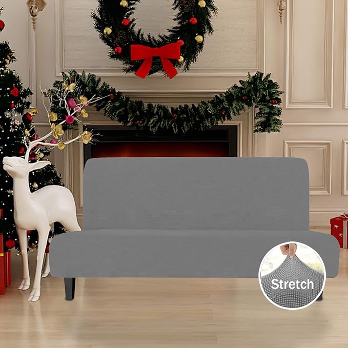 Easy-Going Stretch Futon Slipcover Armless Sofa Cover Furniture Protector Without Armrests Slipcover Soft with Elastic Bottom for Kids, Spandex Jacquard Small Check (futon,Light Gray)
