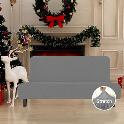 Easy-Going Stretch Futon Slipcover Armless Sofa Cover Furniture Protector Without Armrests Slipcover Soft with Elastic Bottom for Kids, Spandex Jacquard Small Check (futon,Light Gray)