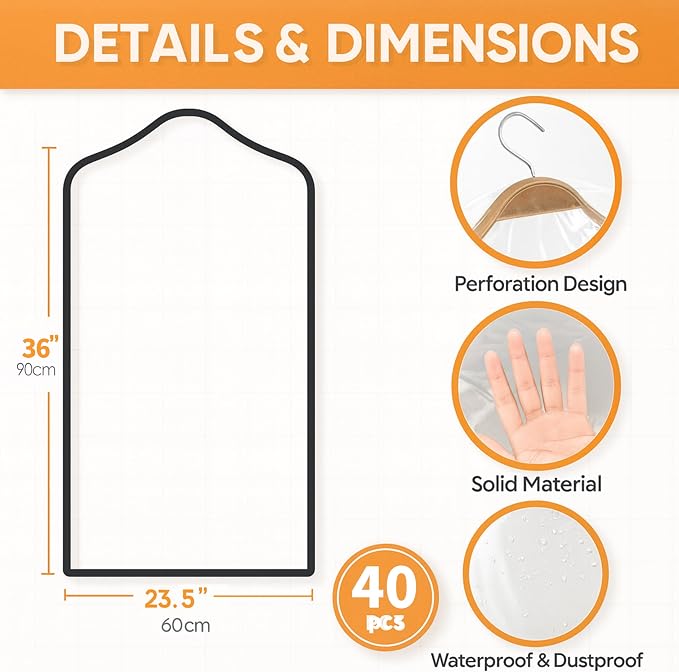 40 Pack Clear Plastic Garment Bags, 35.5" x 23.5", Clothes Covers - Image 2