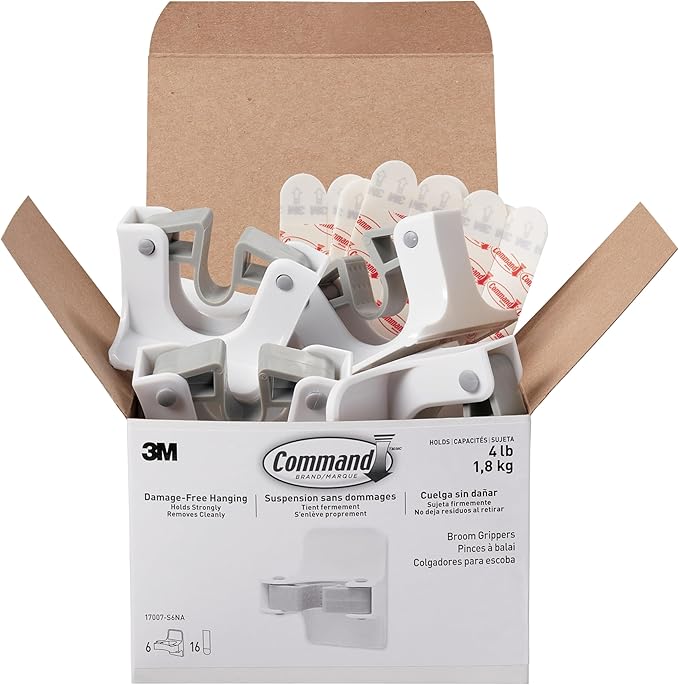 Command Broom and Mop Grippers, 6 Hangers and 16 Strips, Damage-Free Hanging by Command