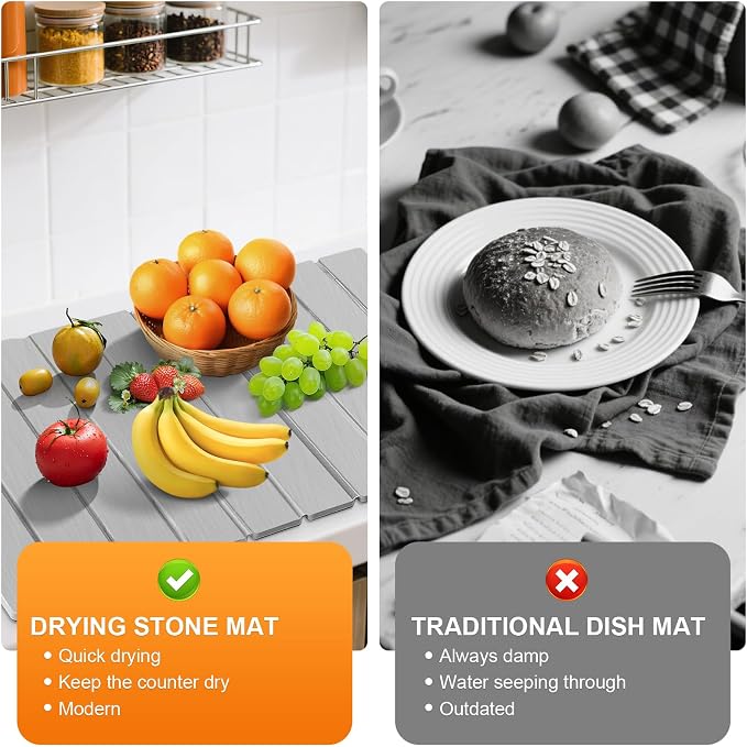 Stone Dish Drying Mat for Kitchen Counter, Collapsible Dish Drying Mat 24"×16" - Image 4