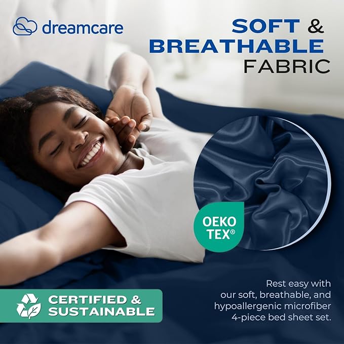 DREAMCARE King Size Sheets Set - Cooling Bed Sheets - 4pcs Set - up to 15" Deep Pocket King Sheet Set – Soft & Long Lasting Cooling - 100% Fine Brushed Polyester with Side Pocket - Navy Blue