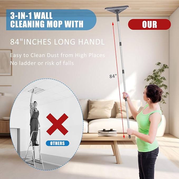 Mops for Floor Cleaning with 57" Long Handle, Scrub Brush, Wall Cleaner Mop - Image 5