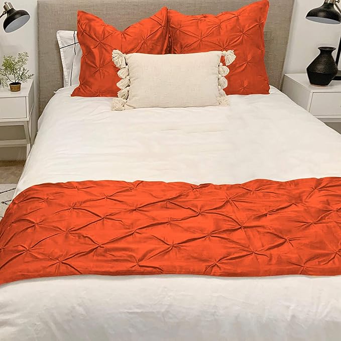 Bed Runner Set - 100% Pure Cotton 800 Thread Count - Luxury 1 Pinch Pleated Bed Runner and 2 Pillow Cover - 3 Piece Pinch Pleated Bed Runner Set Twin, Orange