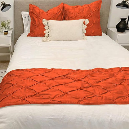 Bed Runner Set - 100% Pure Cotton 800 Thread Count - Luxury 1 Pinch Pleated Bed Runner and 2 Pillow Cover - 3 Piece Pinch Pleated Bed Runner Set Twin, Orange