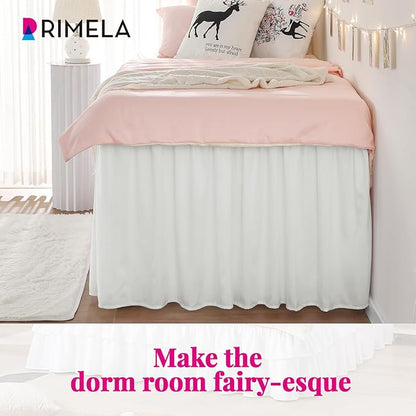 RIMELA Dorm Bed Skirt Twin XL 32 Inch Drop, Easy to Install Extra Long Wrap Around Elastic Dust Ruffle, Warm White Bedskirt Solid Silky Fabric Machine Washable (Twin XL 80“L x 39”W & Twin 75“L x 39”W)