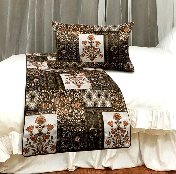 The HomeCentric King/Queen/Twin Brown Decorative Twin 53"x18" Bed Runner with Pillow Cover Quilted Bed Scarf on Satin Fabric - Parisa