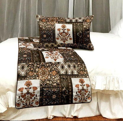 The HomeCentric King/Queen/Twin Brown Decorative Twin 53"x18" Bed Runner with Pillow Cover Quilted Bed Scarf on Satin Fabric - Parisa