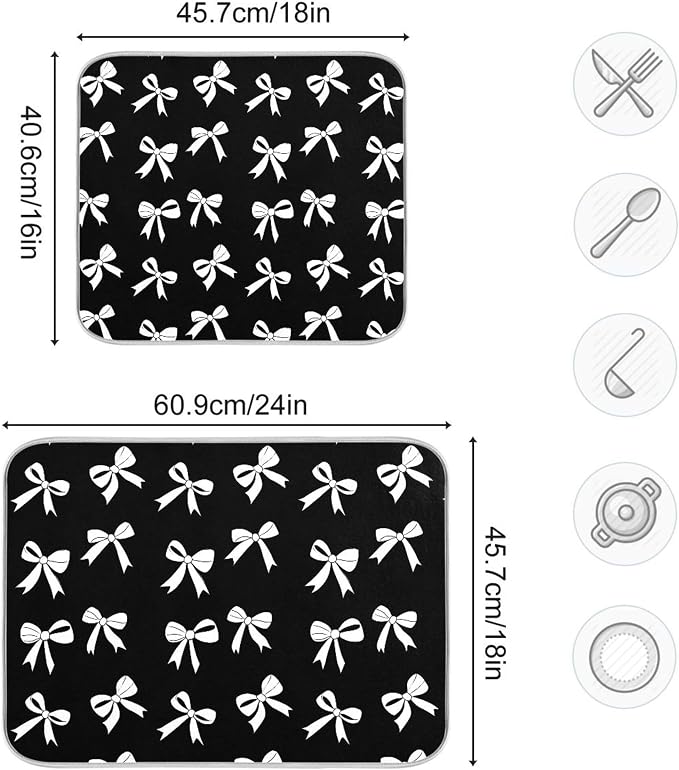 Black Bow Dish Drying Mat for Kitchen Countertop 16x18 Bowknot Coquette - Image 3