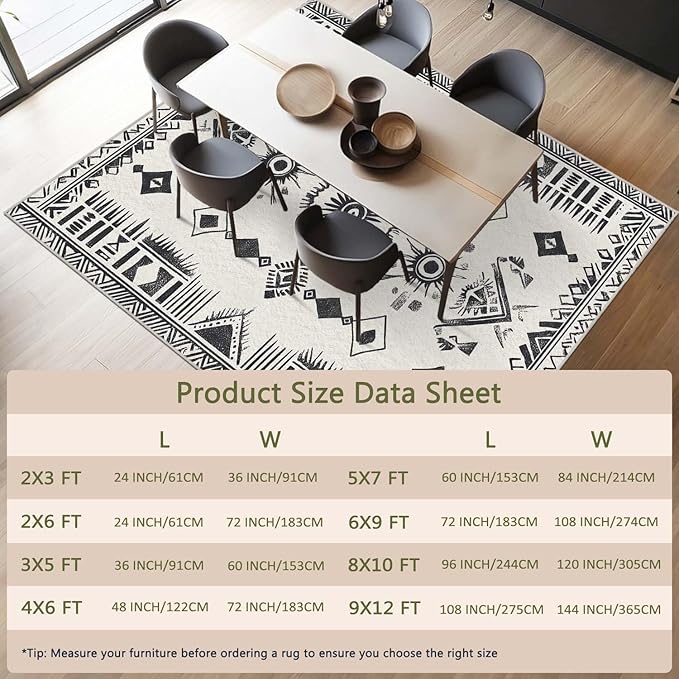 5x7 Western Area Rug Southwestern Tribal Black White Rug Non Slip Low Pile Large Carpet for Home Kitchen Living Room Bedroom Dining Room Office