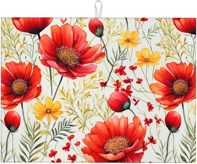 Watercolor Poppy Flower Dish Drying Mat by Unknown