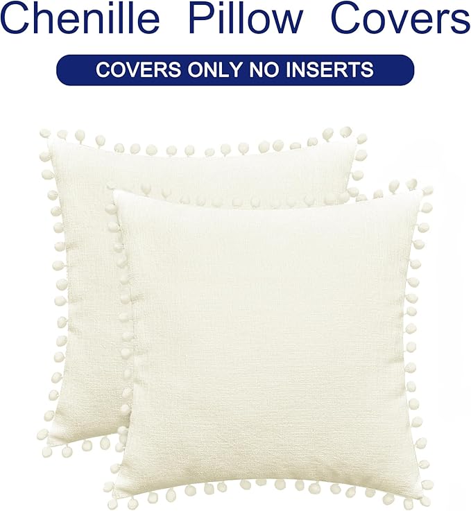 CaliTime Throw Pillow Covers Decorative 20 X 20 Inches Pack of 2 Cozy Solid Dyed Soft Chenille Cushion Cases with Pom Poms for Couch Sofa Bed Living Room Home Cream