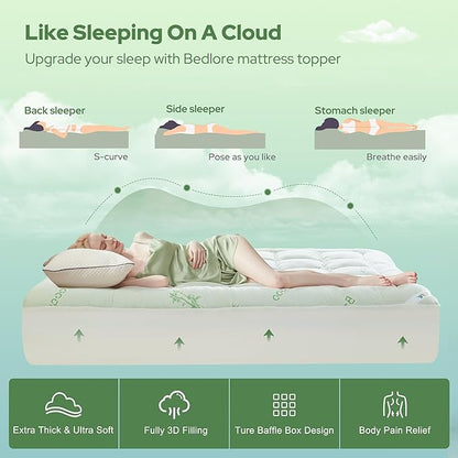BEDLORE Twin XL Mattress Topper Viscose Derived from Bamboo, Thick Pillow Top Mattress Pad with Deep Pockets for 6-15 inches Mattress, Soft Mattress Topper College Dorm Size for Back Pain