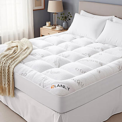 OLANLY Queen Mattress Topper – Viscose Made from Bamboo, Cooling Soft Queen Pillow Top Mattress Pad for Back Pain Relief, Plush Down Alternative Fill Bed Topper with Elastic Deep Pocket, White